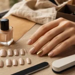 Ongle glamour : manucure chic nude brillante, accent doré miroir