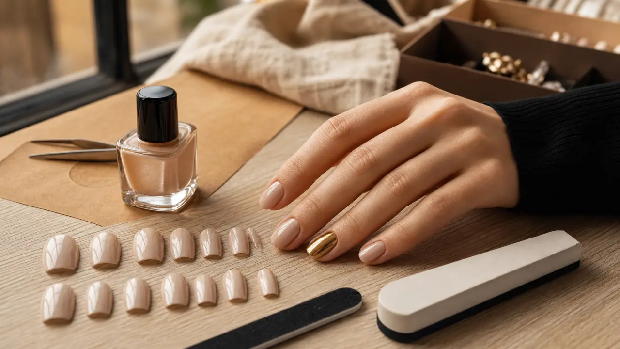Ongle glamour : manucure chic nude brillante, accent doré miroir