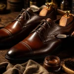 Chaussure ciré sans traces : crème et cirage sur cuir marron
