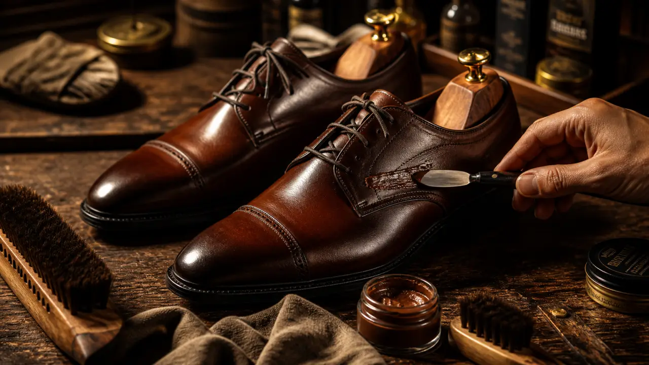 Chaussure ciré sans traces : crème et cirage sur cuir marron