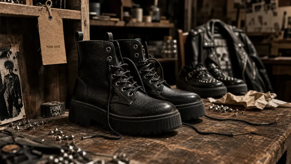 Chaussure punk : bottes noires et creepers en cuir, semelle épaisse