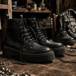 Chaussure punk : bottes noires et creepers en cuir, semelle épaisse