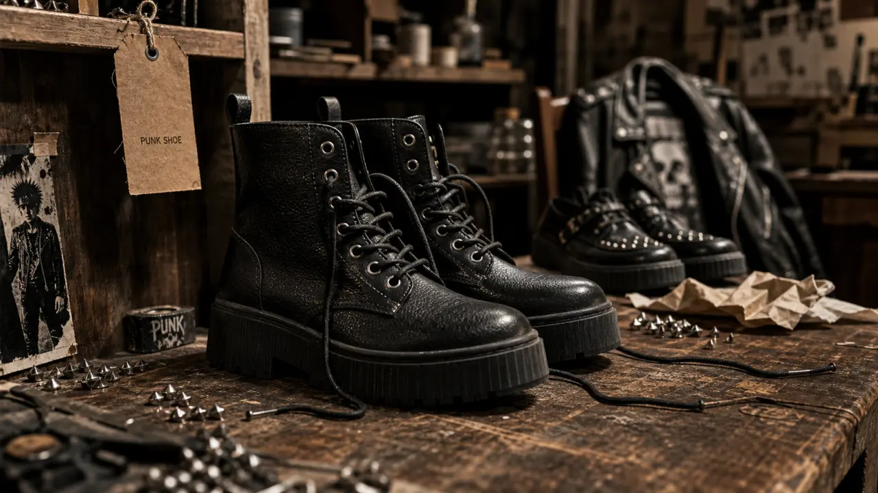 Chaussure punk : bottes noires et creepers en cuir, semelle épaisse