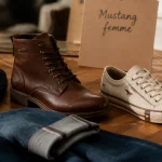 Chaussures mustang femme : bottine cuir brune et basket toile écrue, style western.