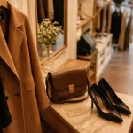 Claudie Pierlot seconde main : robe noire, manteau camel et sac cuir dans une boutique chic