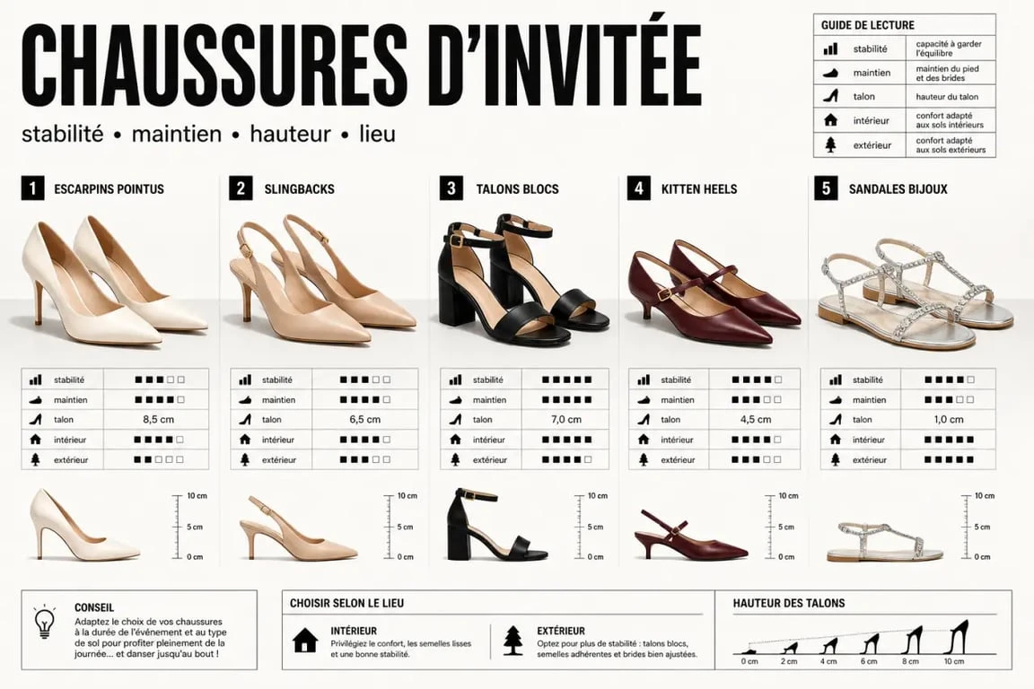 Chaussures pour un mariage invité : comparaison visuelle des modèles élégants et confortables