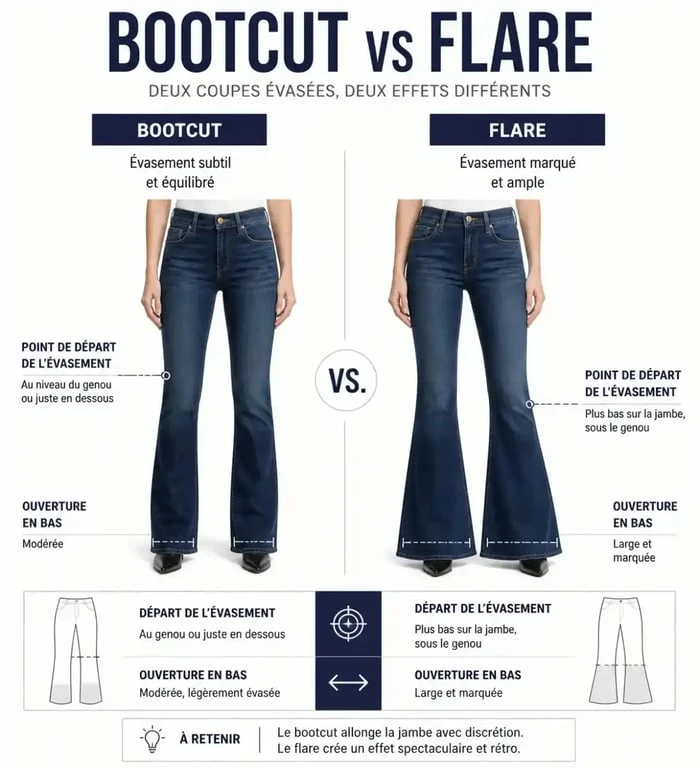 Comparaison visuelle entre un jean bootcut et un jean flare pour comprendre la définition et la coupe