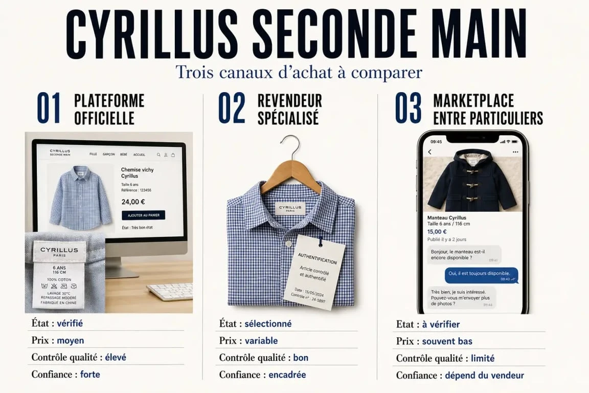 Comparatif Cyrillus seconde main entre plateforme officielle, revendeur spécialisé et marketplace