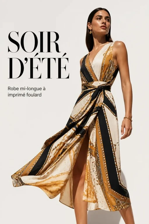 Robe maje femme mi-longue imprimée foulard pour soirée d’été