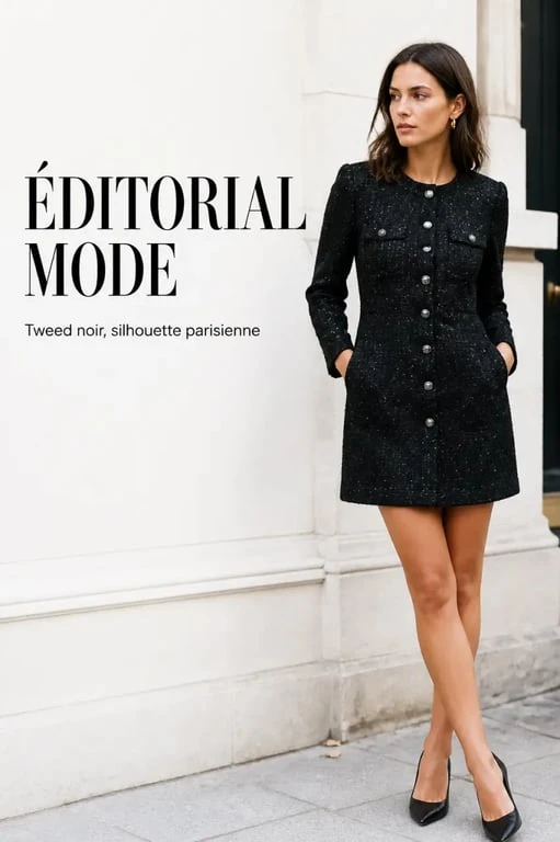 Robe maje femme courte structurée en tweed noir, allure parisienne
