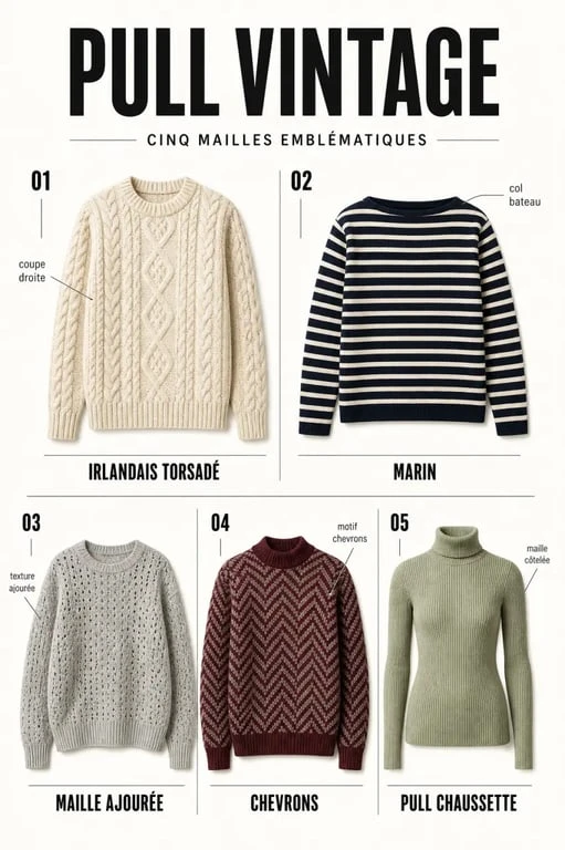 Planche éditoriale sur le pull vintage avec plusieurs modèles emblématiques et leurs styles