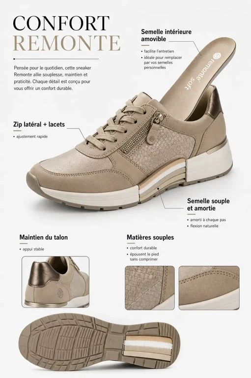 Détails de confort des chaussures Remonte femme avec semelle amovible, zip et lacets