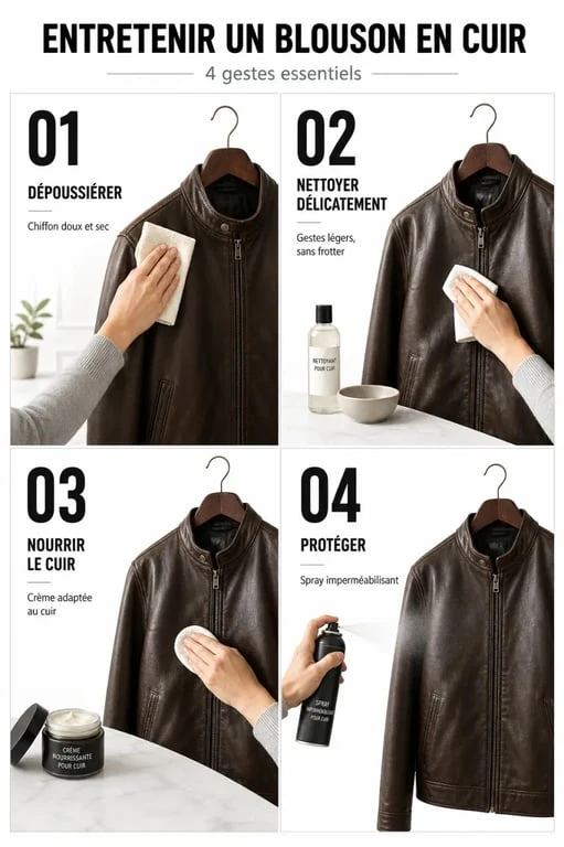 Cuir entretien blouson : routine de nettoyage, nourrissage et protection d’un blouson en cuir