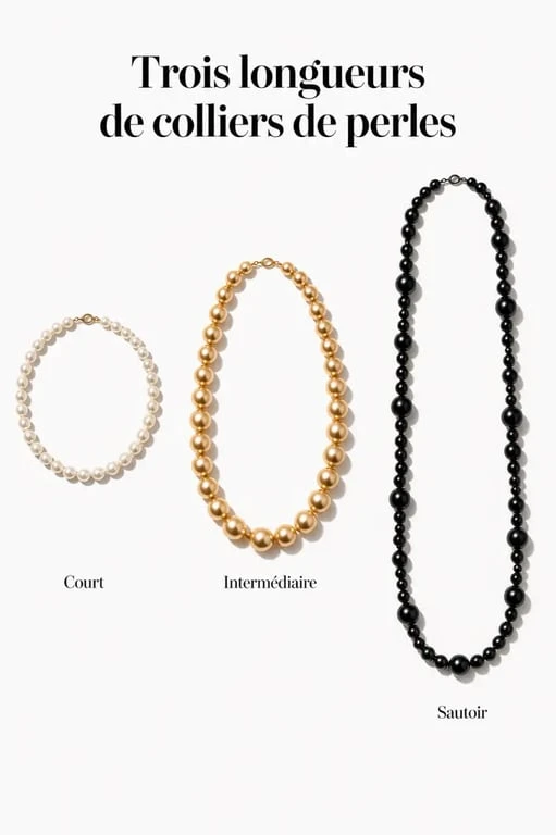 Perles collier : comparaison visuelle des longueurs, couleurs et tailles de perles