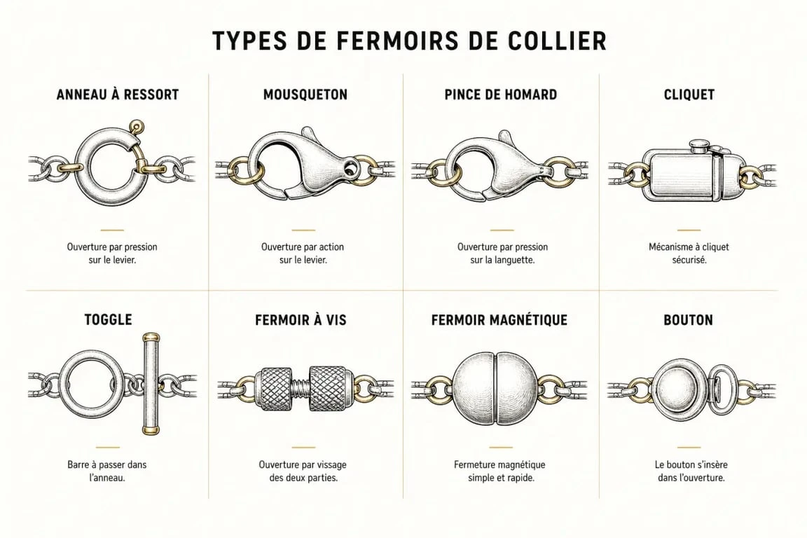 Types de fermoir collier : schéma comparatif des principaux mécanismes, de leur forme et de leur usage