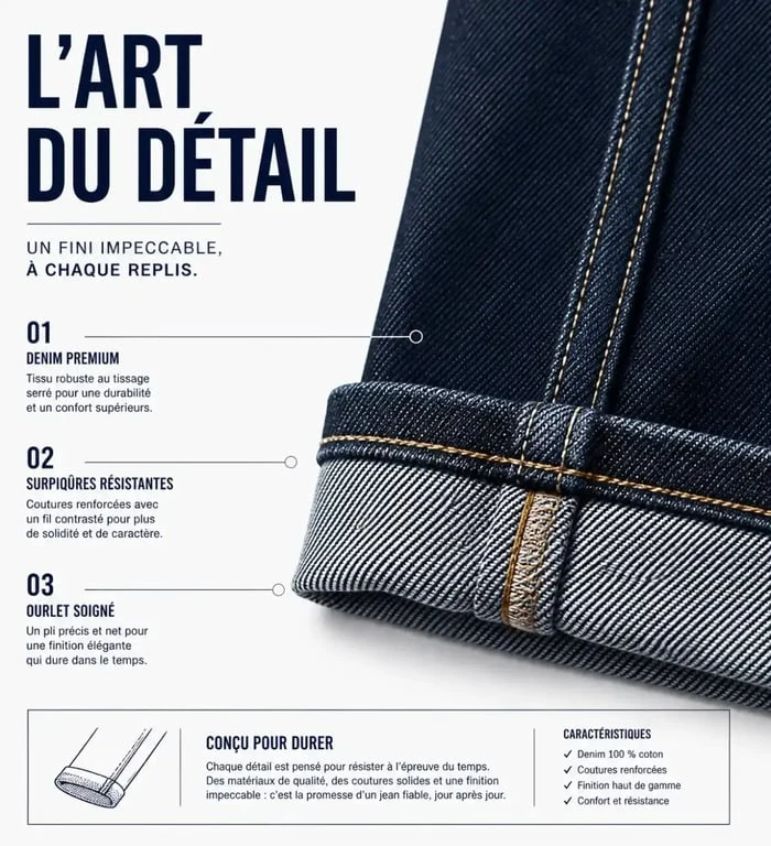 Détail d'un revers de jean femme montrant la qualité de la finition et du denim