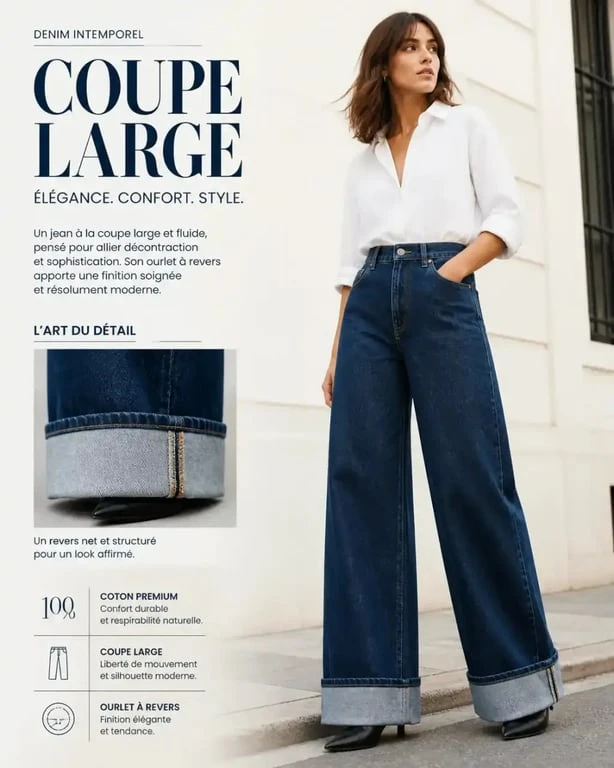 Femme portant un jean à revers tendance avec une coupe wide leg dans un environnement urbain