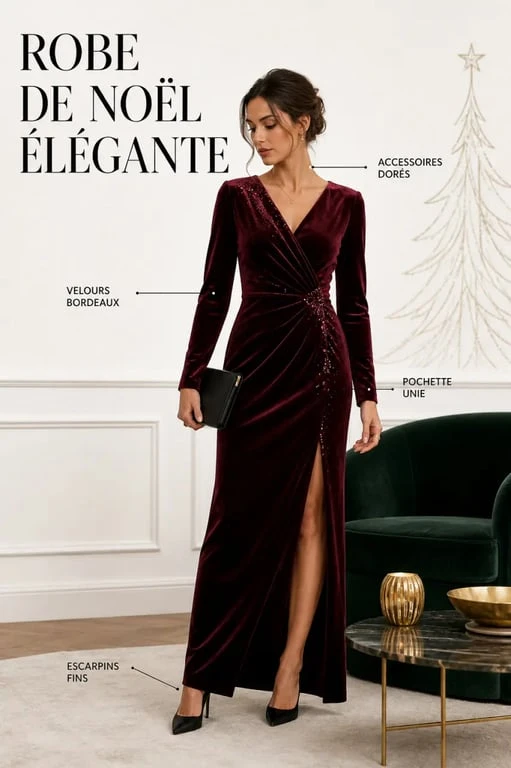 Robe noel femme élégante portée dans un intérieur festif chic avec accessoires dorés