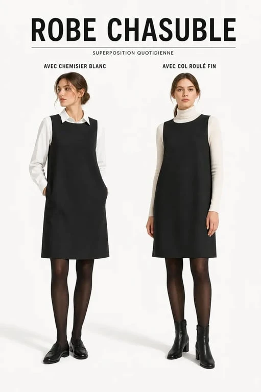 Robe chasuble femme portée avec un chemisier blanc dans une illustration de mode éditoriale