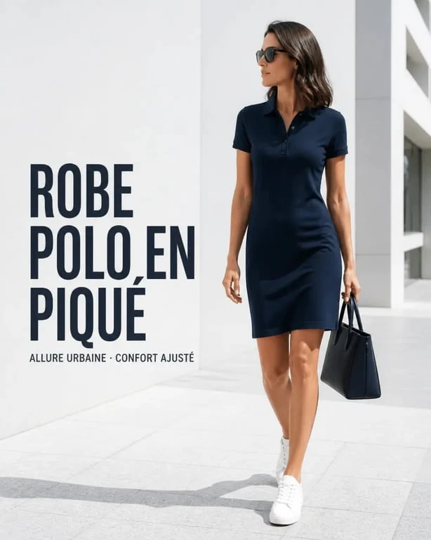 Robe lacoste femme portée en look sport-chic avec robe polo bleu marine et baskets blanches