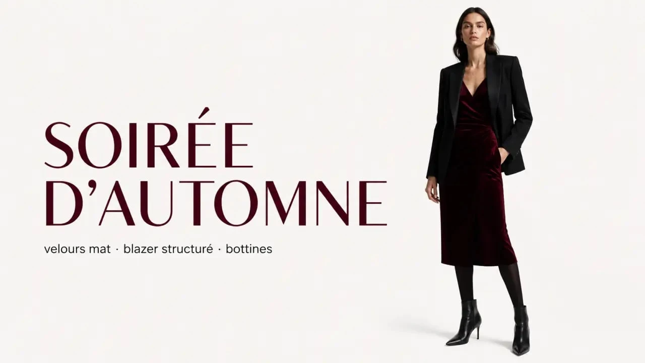 Robe automne femme élégante avec robe midi sombre, blazer et bottines pour une soirée