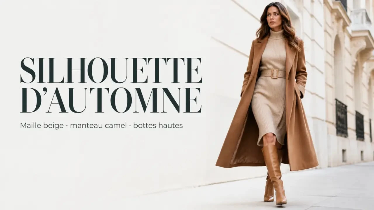 Robe automne femme portée en look cosy chic avec bottes hautes et manteau camel