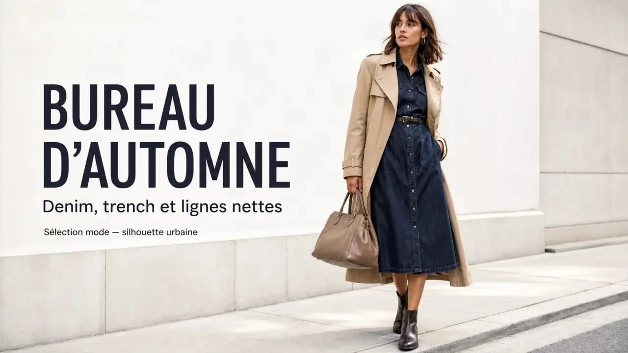 Robe automne femme en version robe chemise avec trench et bottines pour le bureau
