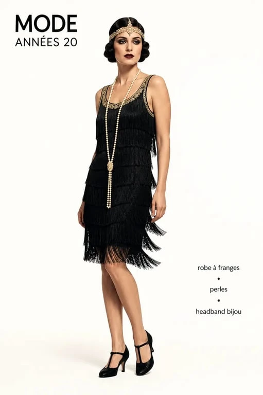 Mode année 20 femme : look flapper complet avec robe à franges, perles et headband bijou