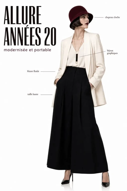 Mode année 20 femme : look garçonne modernisé avec blazer fluide et chapeau cloche