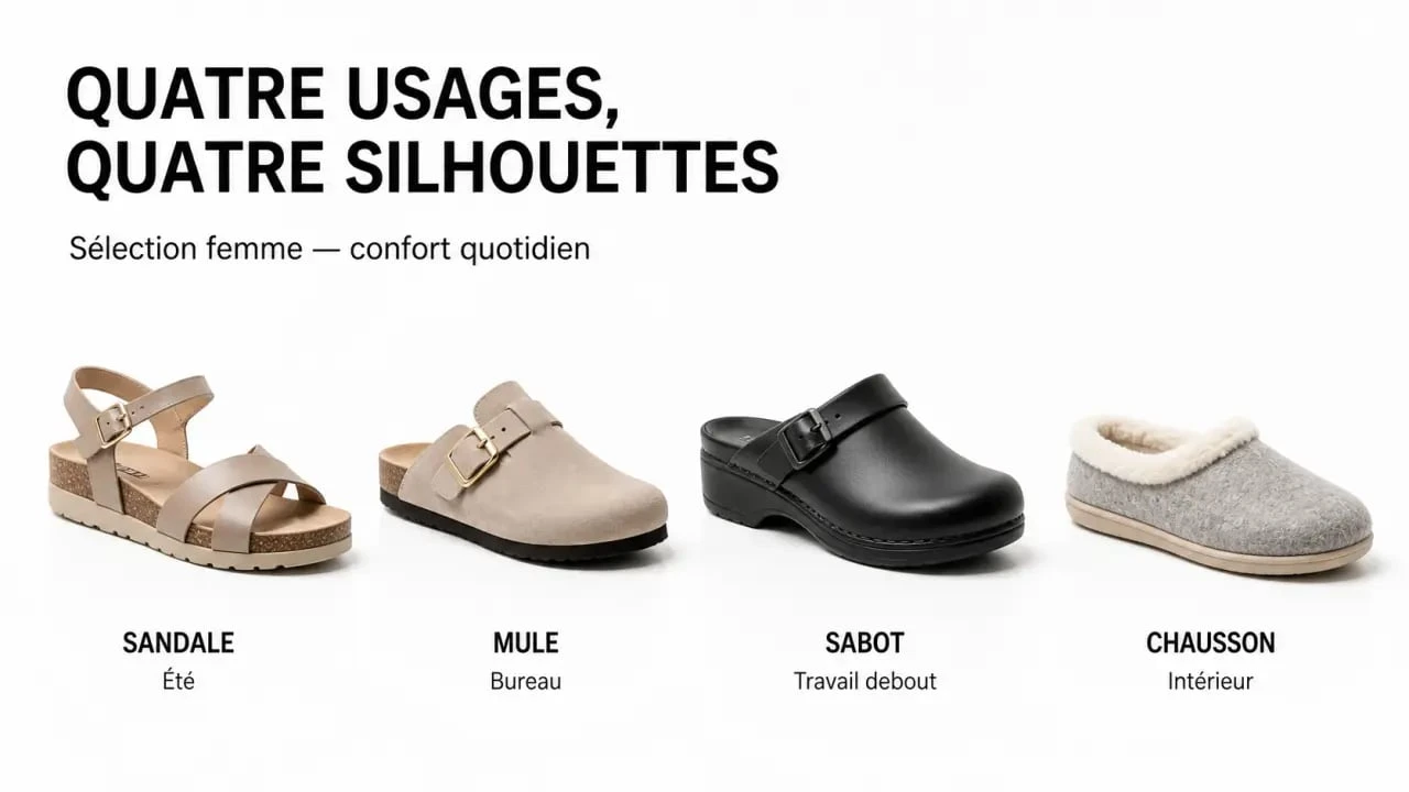 Chaussures scholl femme : comparatif éditorial des sandales, mules, sabots et chaussons selon l’usage