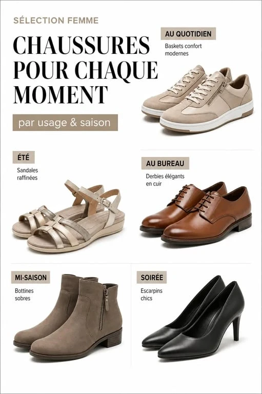 Chaussures mephisto femme organisées par saison et occasion dans une composition éditoriale sobre