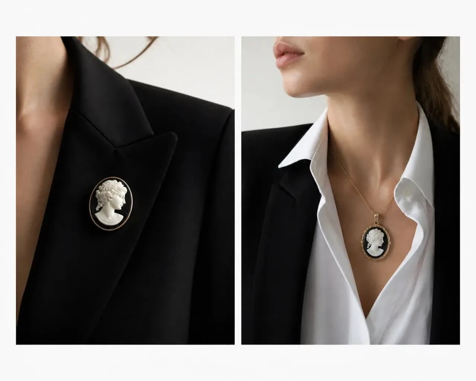 Camée bijou porté en broche et en pendentif dans une tenue contemporaine