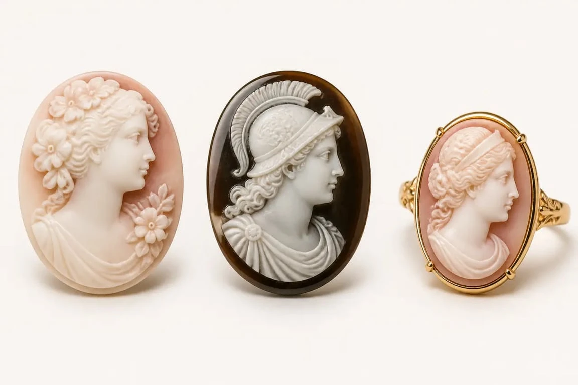 Camée bijou comparant les matériaux coquillage, sardonyx et monture en or