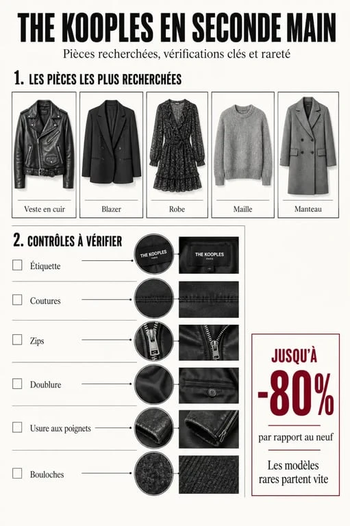 Infographie The Kooples seconde main sur les pièces recherchées, les contrôles d’authenticité et les réductions possibles
