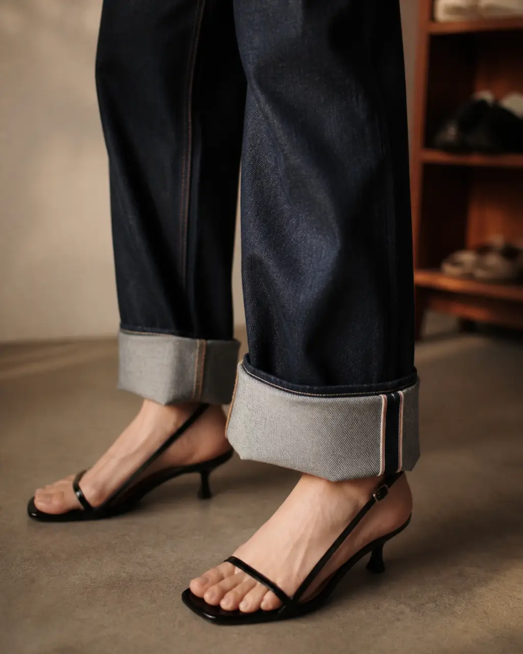 Jean a revers femme : revers replié en bas, vue cheville