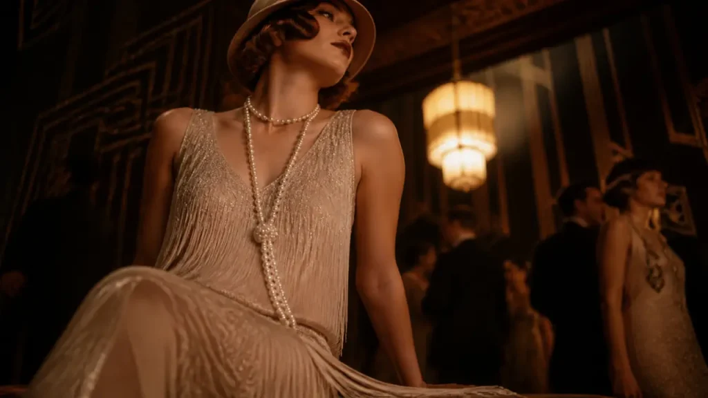 Mode années 20 femme : robe droite, perles et coiffure courte pour éviter l’effet déguisement