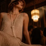 Mode année 20 femme : robe droite à perles et coiffure courte