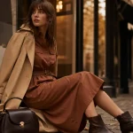 Robe automne femme : robe chemise taupe ceinturée en rue