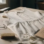 Robe en lin femme écru sur table en bois, détails de plis et boutons