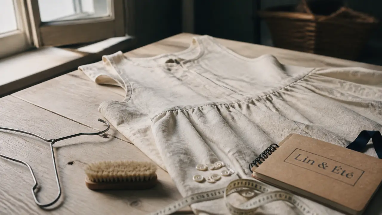 Robe en lin femme écru sur table en bois, détails de plis et boutons