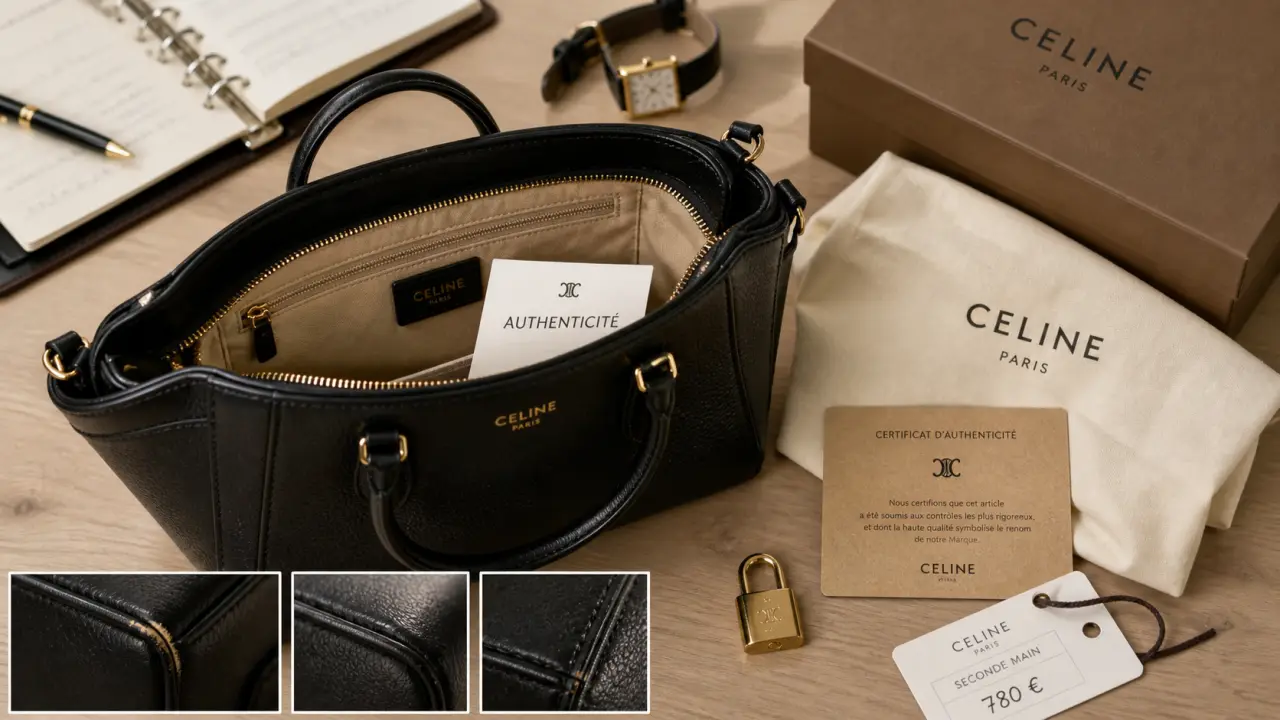 Sac de luxe seconde main authentifié : cuir noir, certificat et dust bag