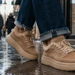 Baskets fourrées femme, chaussures mi-mollet fourrées en hiver sur trottoir humide