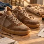 Baskets marron femme taupe et cognac, semelle gomme contrastée