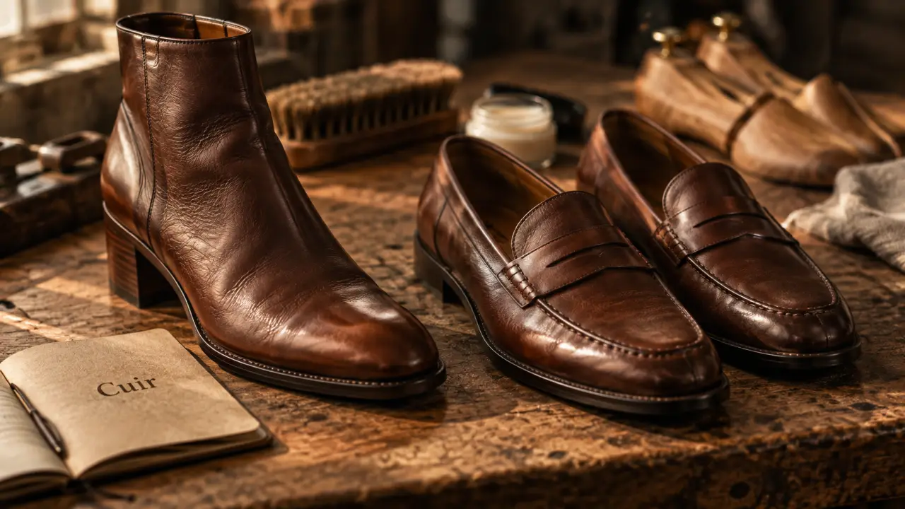 Chaussures cuir femme : bottine et mocassins en cuir, texture détaillée
