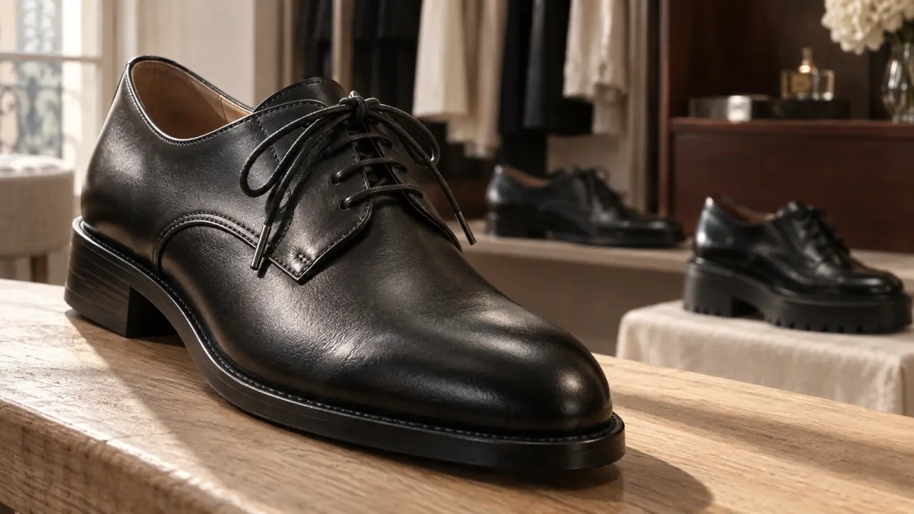 Chaussures derby pour femme en cuir noir, gros plan
