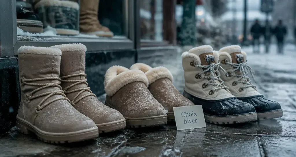 Chaussures femme pour hiver : bottes et bottines sur trottoir humide
