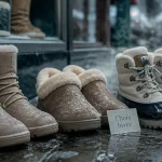 Chaussures femme pour hiver : bottes et bottines sur trottoir humide