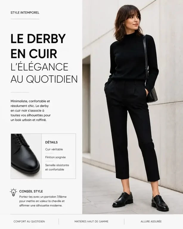 Look professionnel avec chaussures derby pour femme et pantalon 7/8