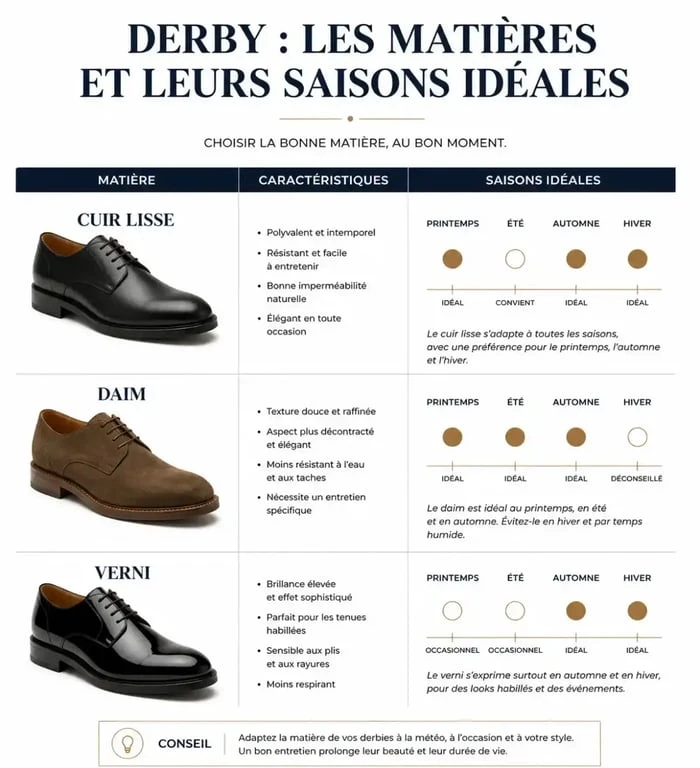 Guide des matières et saisonnalité des chaussures derby pour femme