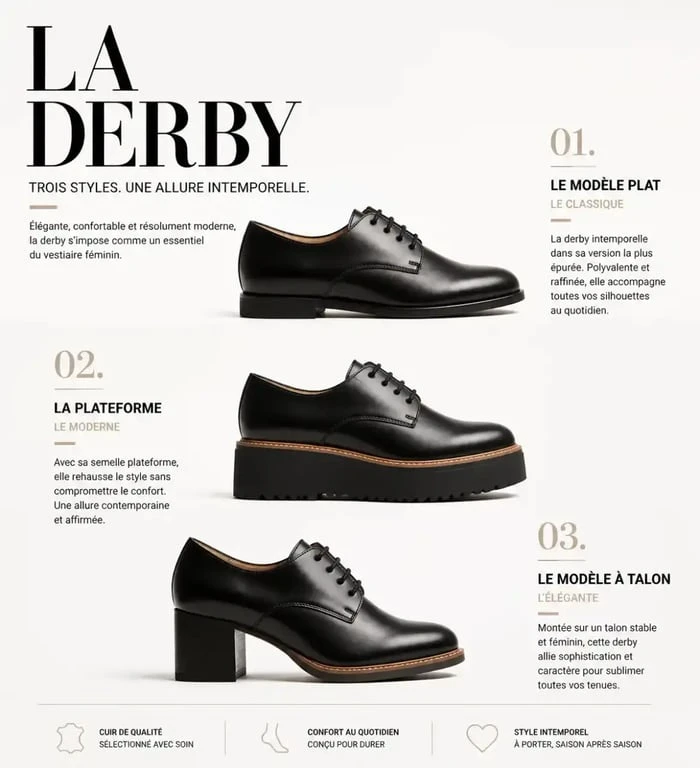 Différents modèles de chaussures derby pour femme : plates, plateformes et à talons